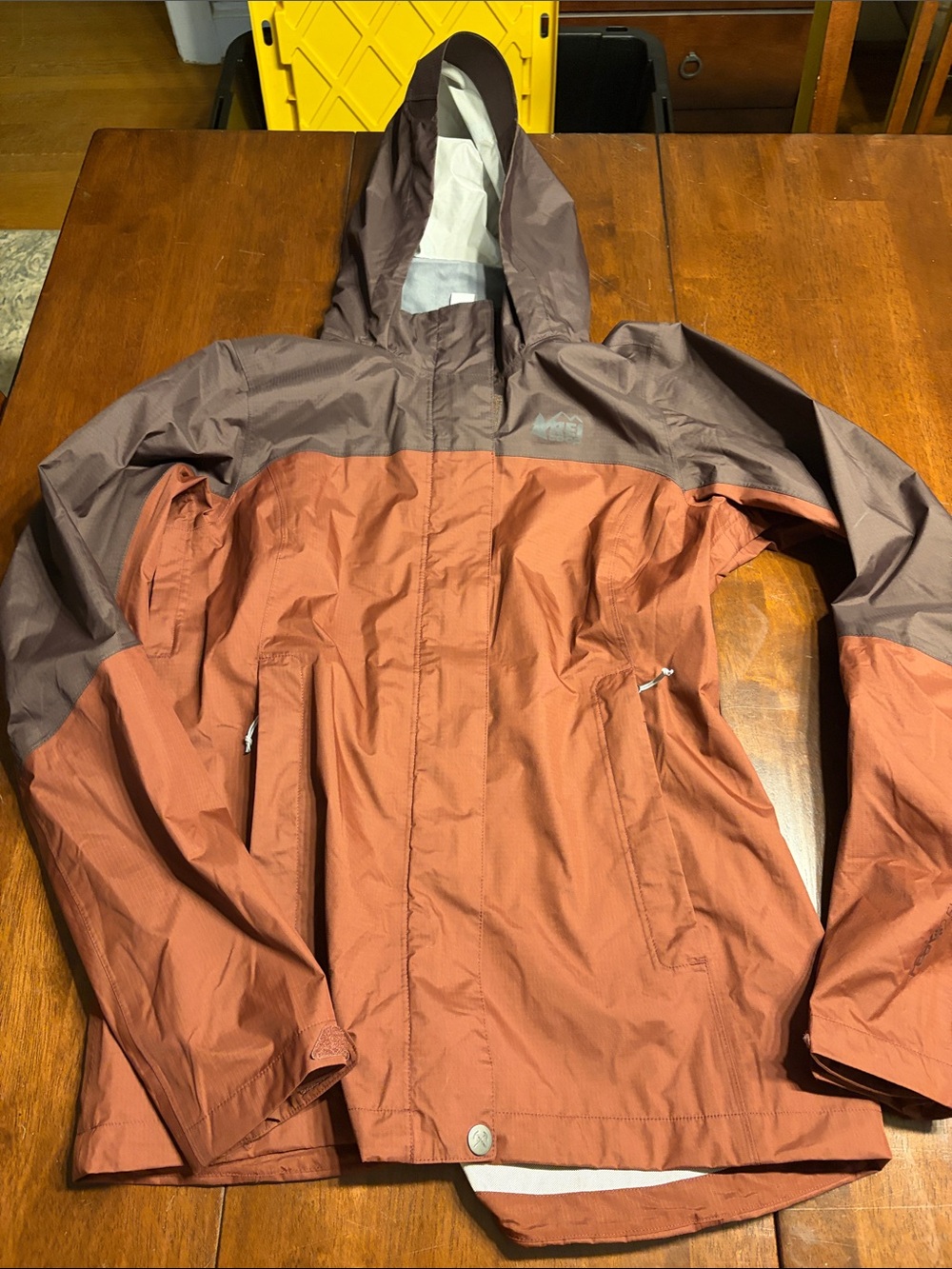 REI Men’s Hooded Raincoat - Rust and Dark Brown